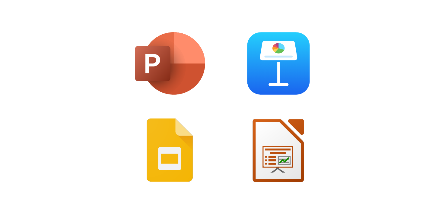 Powerpoint, Keynote, Google Slides, Office Impress logos.
