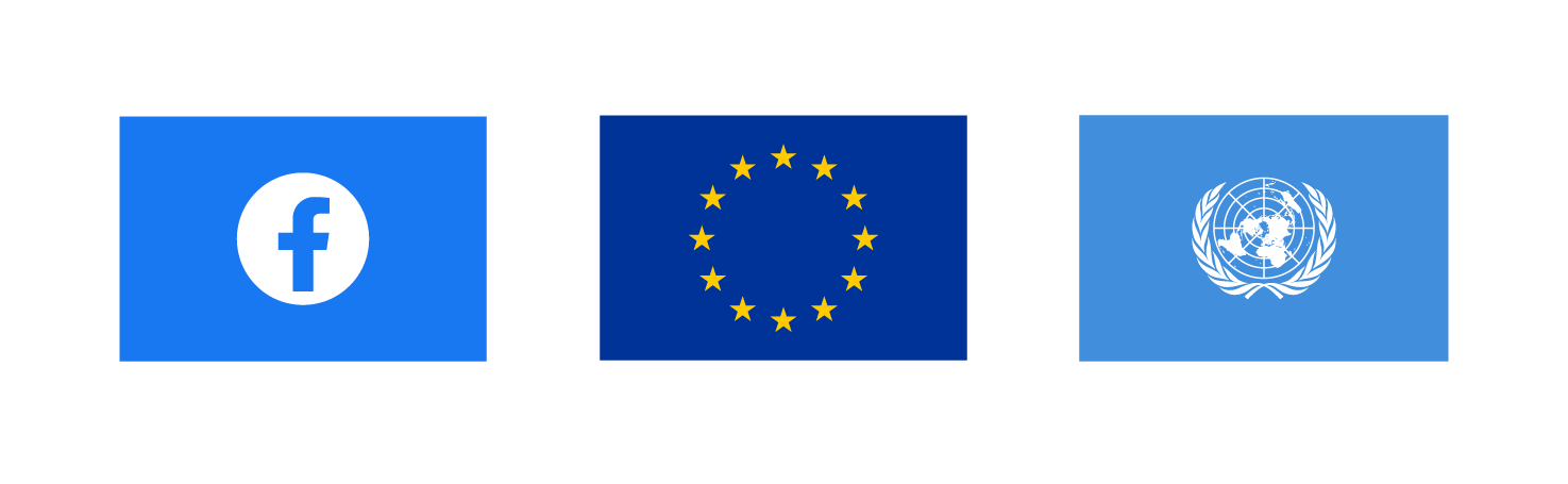 Facebook logo, the European Flag, and the flag of the United Nations, side by side.