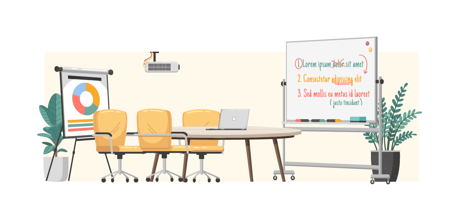 A meeting room with a table, whiteboard and projector