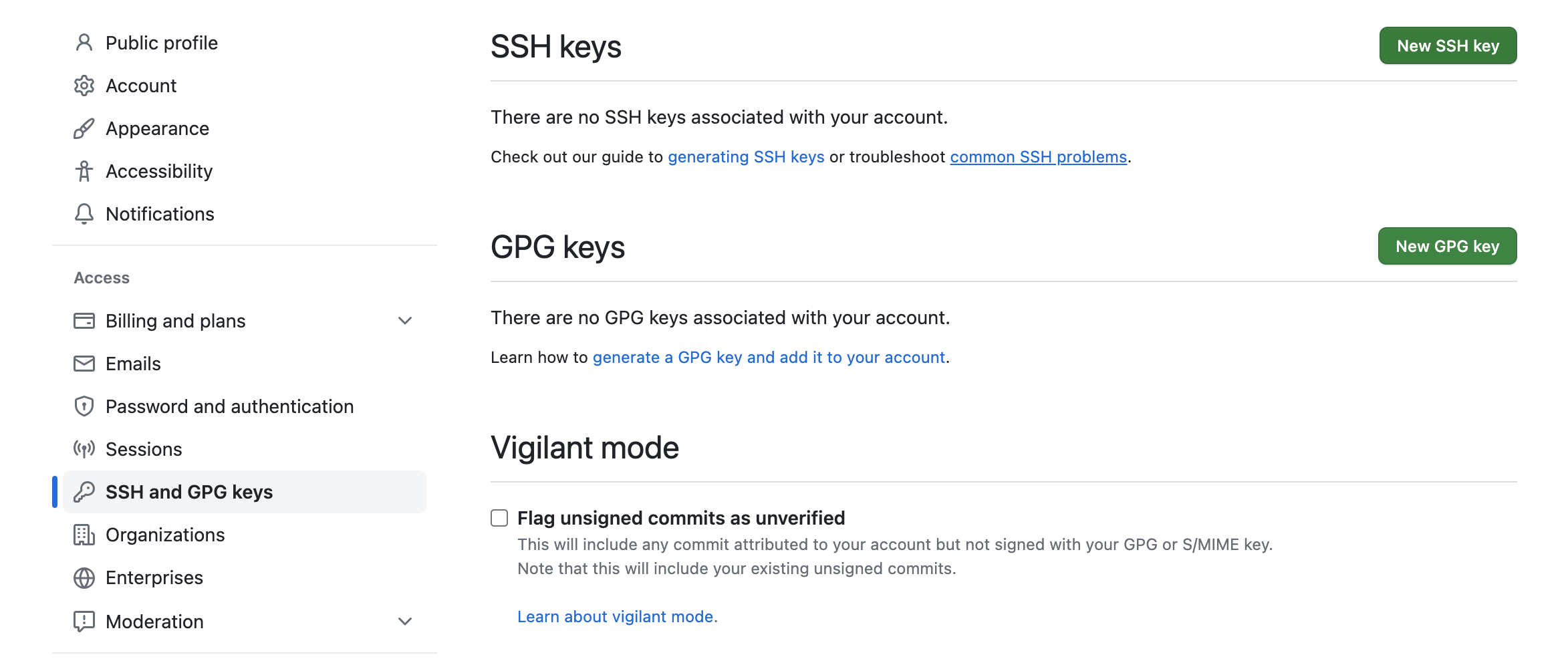 Sélectionnez SSH and GPG Keys dans la section paramètres.