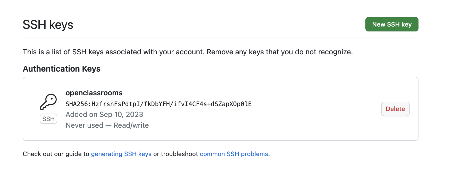 Configuration de la clé SSH du compte GitHub.