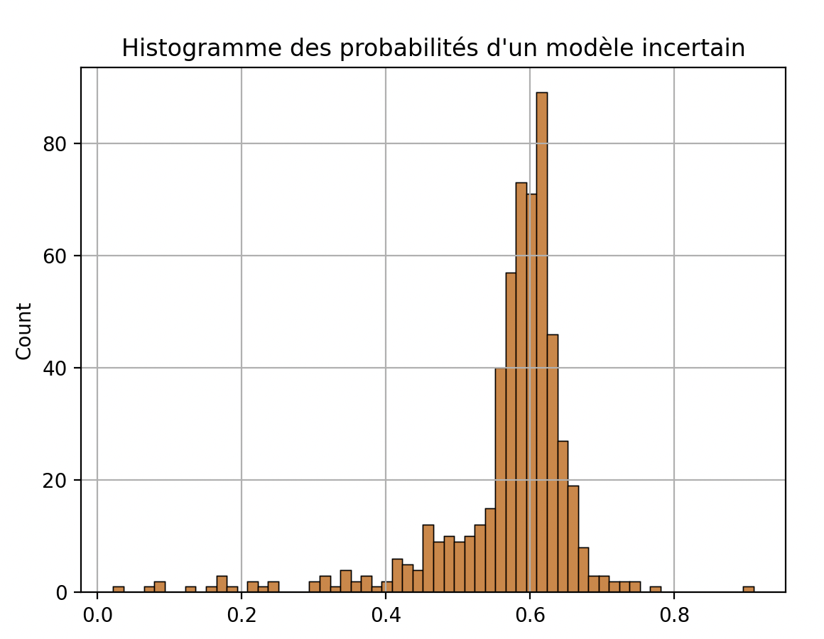 Cet histogramme montre l'inverse de l'histogramme précédent : des probabilités prédites par un modèle de classification incertain. on voit que les prédictions ont une probabilité entre 0,55 et 0,56.