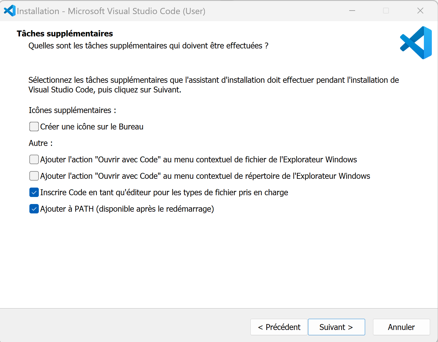 Écran Tâches supplémentaires dans VS Code où l'on voit que les options suivantes sont cochées: Inscrire Code en tant qu'éditeur pour les types de fichier pris en charge, et Ajouter à PATH (disponible après redémarrage)