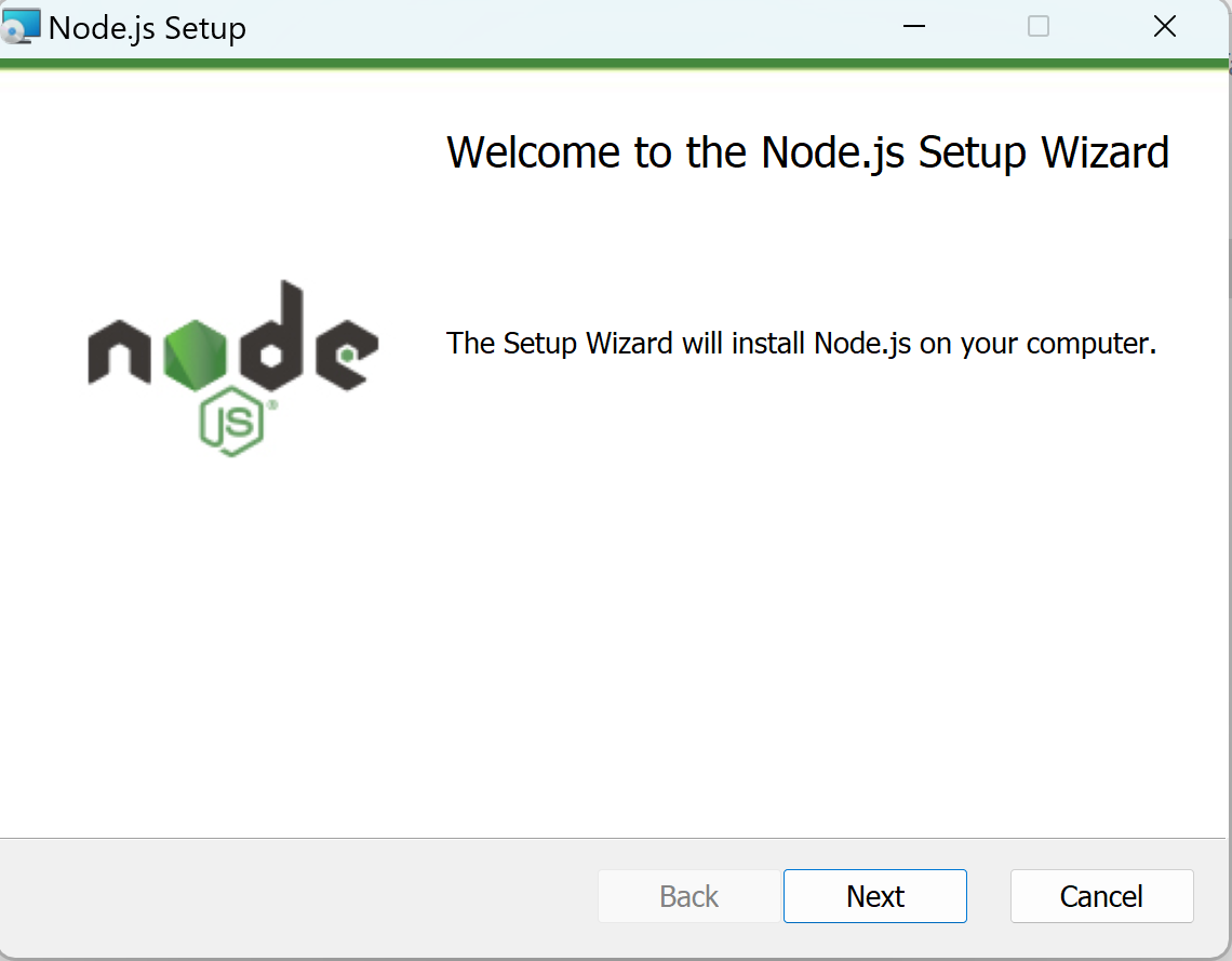 Capture d'écran de l'assistant d'installation de Node.js