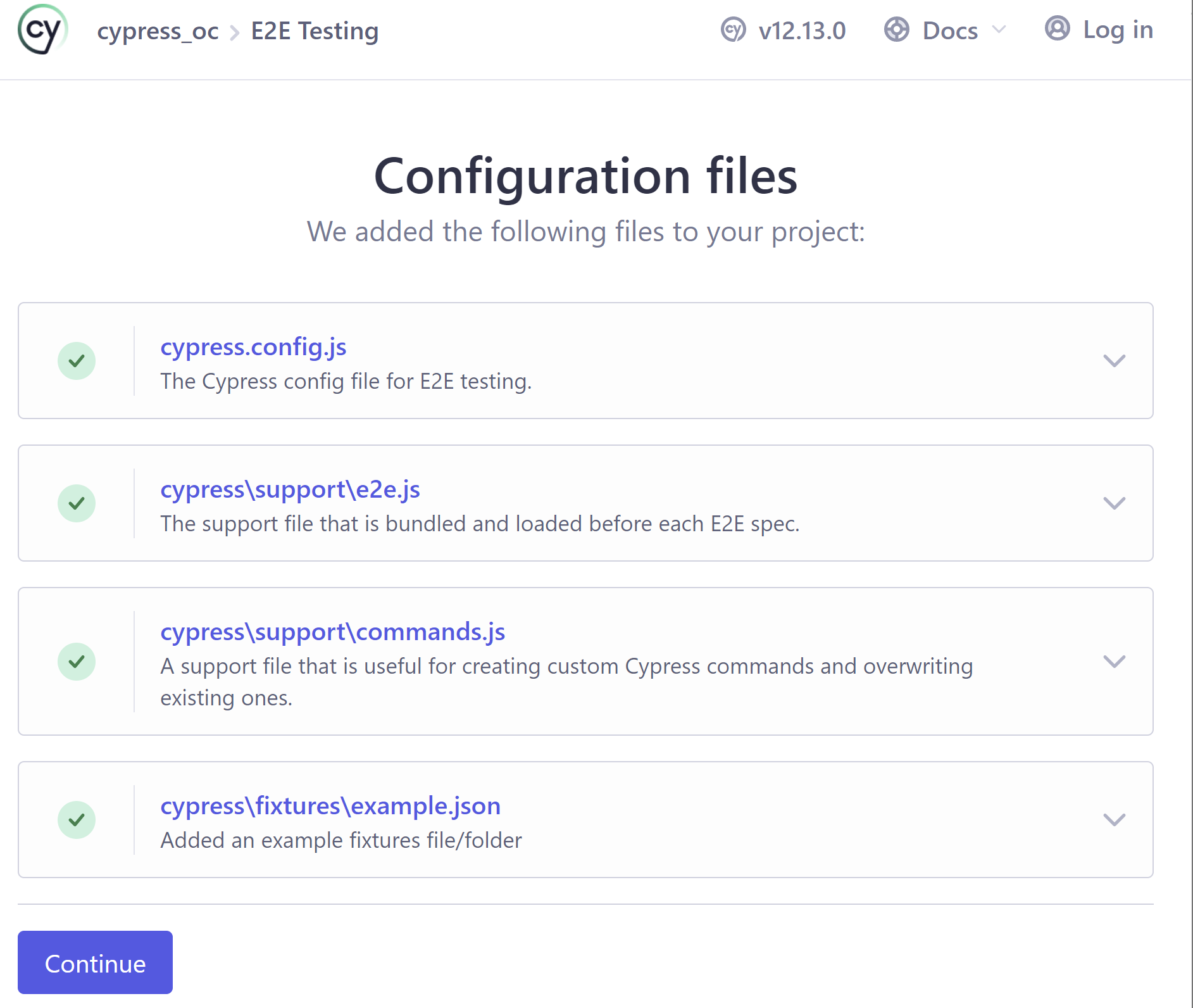 Capture d'écran montrant la liste des fichiers de configuration dans Cypress
