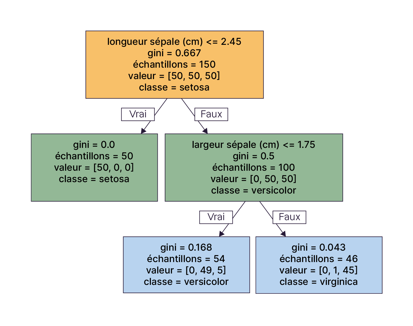 Exemple d'arbre de décision de faible profondeur sur le dataset Iris.