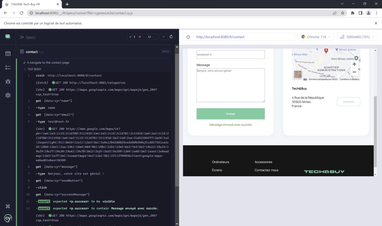 Capture d'écran montrant le résultat du test Cypress effectué sur le formulaire de contact du site Tech&Buy.