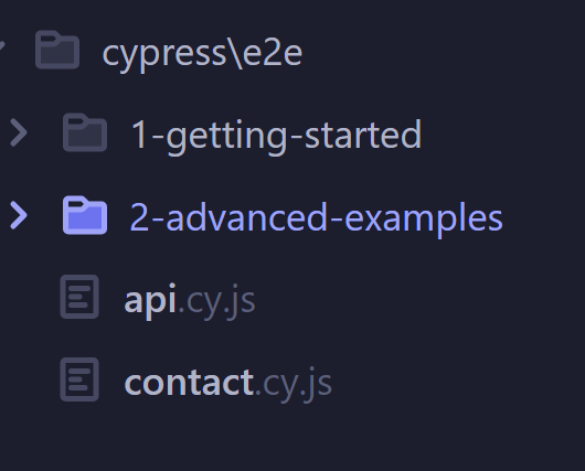Capture d'écran montrant le menu des dossiers et fichiers  de test dans Cypress.