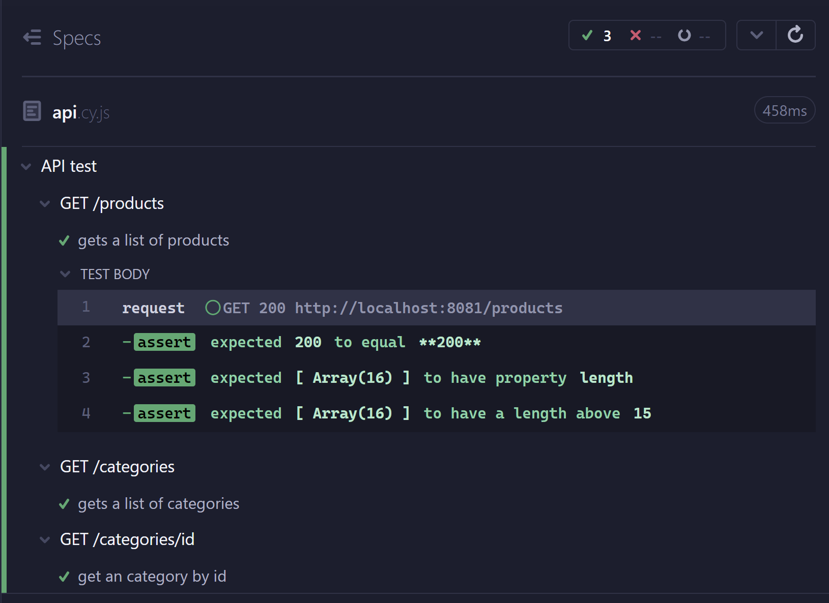 Capture d'écran montrant le détail des résultats des tests lorsqu'on clique sur Gets a list of products