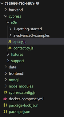 Capture d'écran montrant l'arborescence des dossiers et fichiers dans VSCode. On voit que le fichier api.cy.js a été ajouté dans le dossier e2e.