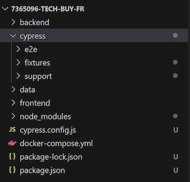 Capture d'écran montrant la liste des dossiers du projet tech and buy dans VSCode