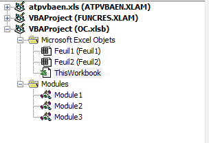 Nous voyons un VBAProject (OC.xlsb) qui contient un dossier Microsoft Excel objets (feuille 1, feuill2, ThisWorkbook) et aussi un dossier Modules (module1, module2, module3)