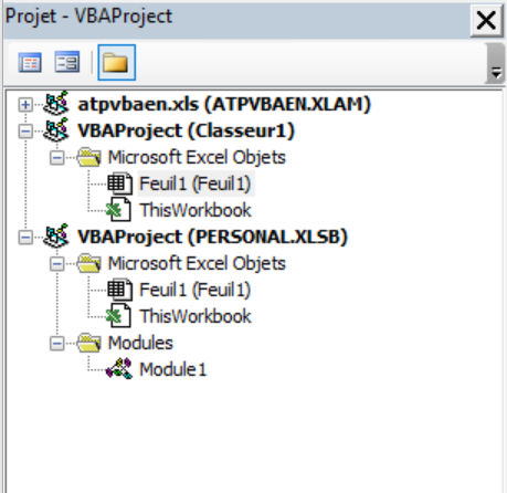 Un nouveau fichier Excel s'est ajouté, nommé VBAProject (Personal.xlsb), contenant un dossier Microsoft Excel Objets (Feuille 1 et ThisWorkbook) et un dossier Modules (Module 1)