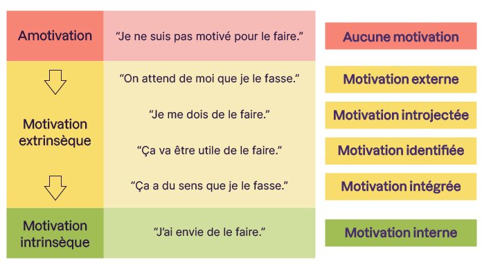 L'amotivation (aucune motivation) et la motivation intrinsèque (motivation interne) sont les deux opposés de l'échelle de motivation. Entre, il y a d'autres degrés de motivation extrinsèque (motivation externe, introjectée, identifiée, intégrée).