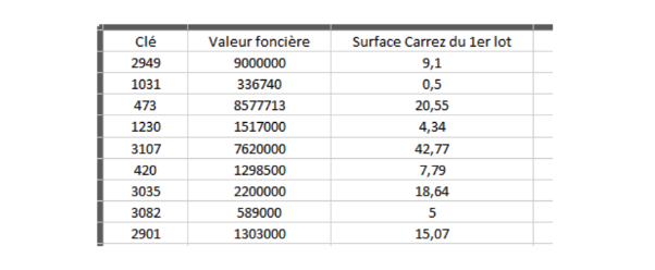Impression d'écran de la base de données de tous les appartements avec les valeurs foncières et la surface Carrez pour Paris.
