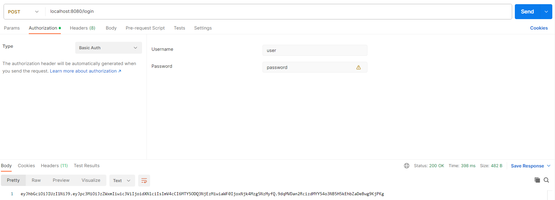 La requête est de type POST avec l’url localhost:8080/login. L’onglet “Authorization” spécifie un type Basic Auth avec le username “user” et le password “password”.