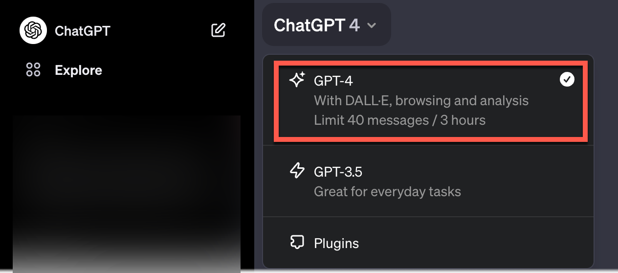 Capture d'écran de l'interface ChatGPT, pour activer GPT-4