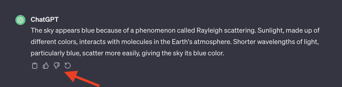 Screenshot showing the thumbs-down option at the bottom of the response to indicate a problem in the response