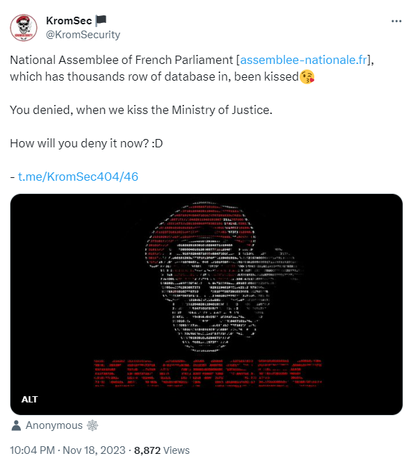 Exemple de revendication d’une campagne visant l’Assemblée nationale par le groupe de hacktivistes KromSec