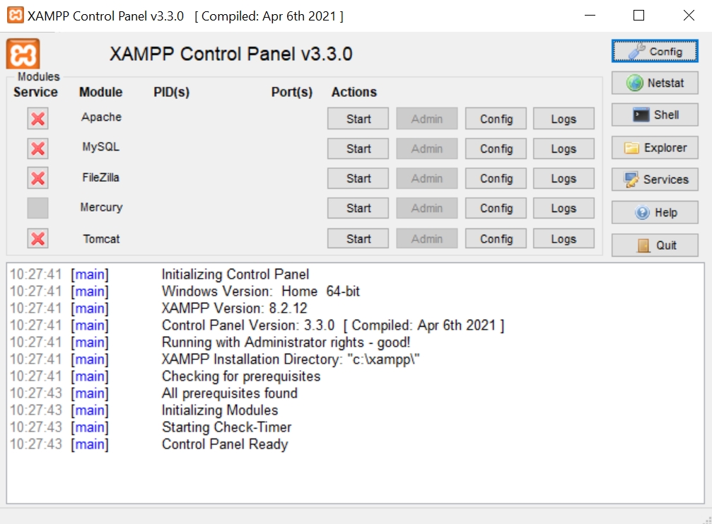 Le Control Panel pour démarrer la configuration de XAMPP