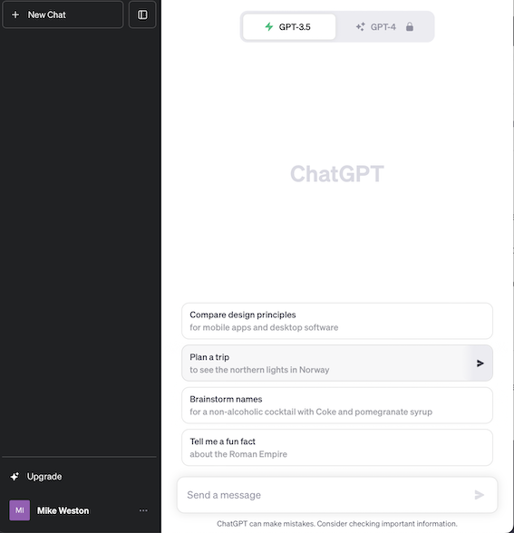 Screenshot showing the ChatGPT user interface once you have logged in.