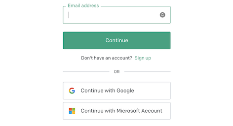 Screenshot showing how to log in or create an account. You have the option to log in using an existing Google or Microsoft account.