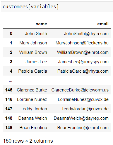 Example of a customer DataFrame consisting of 150 rows by 2 columns with 2 headers, which are  name and email.