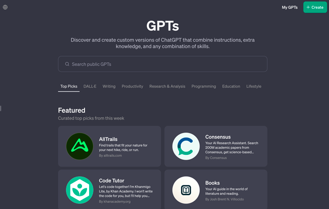 Impression d'écran de la page du GPT Store, proposant plusieurs GPTs en page d'accueil