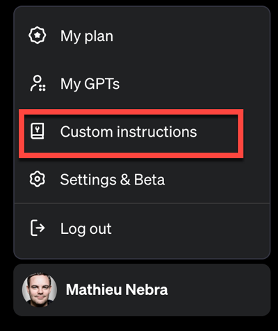 Impression d'écran du menu d'accès aux custom instructions