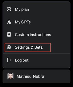 Screenshot showing the menu in ChatGPT. Go to Settings to disable data sharing