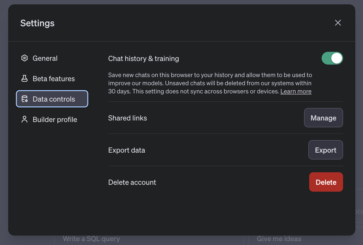 Screenshot showing the Data controls screen in ChatGPT. Click on Data controls