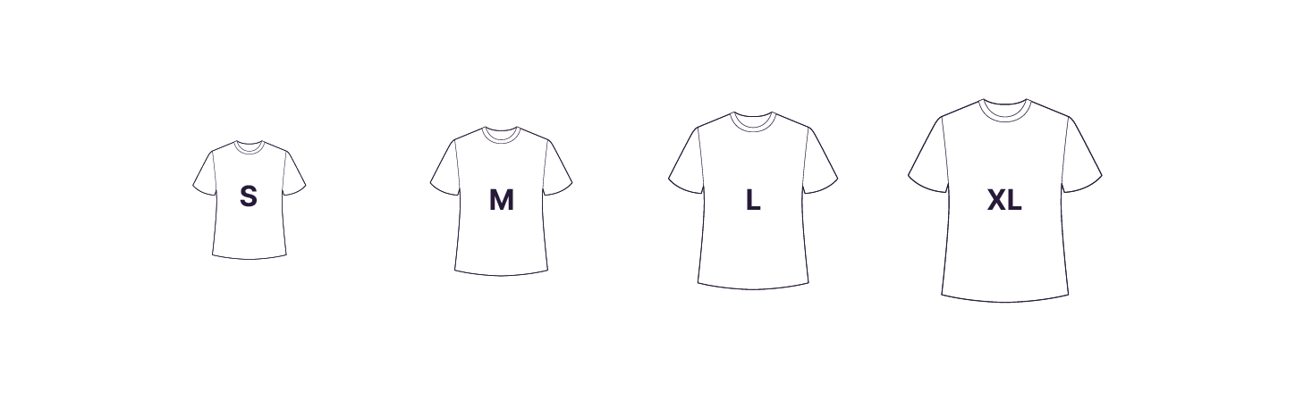 A series of four simple t-shirt outlines, each labeled with a different size in increasing order: 'S' for small, 'M' for medium, 'L' for large, and 'XL' for extra-large.