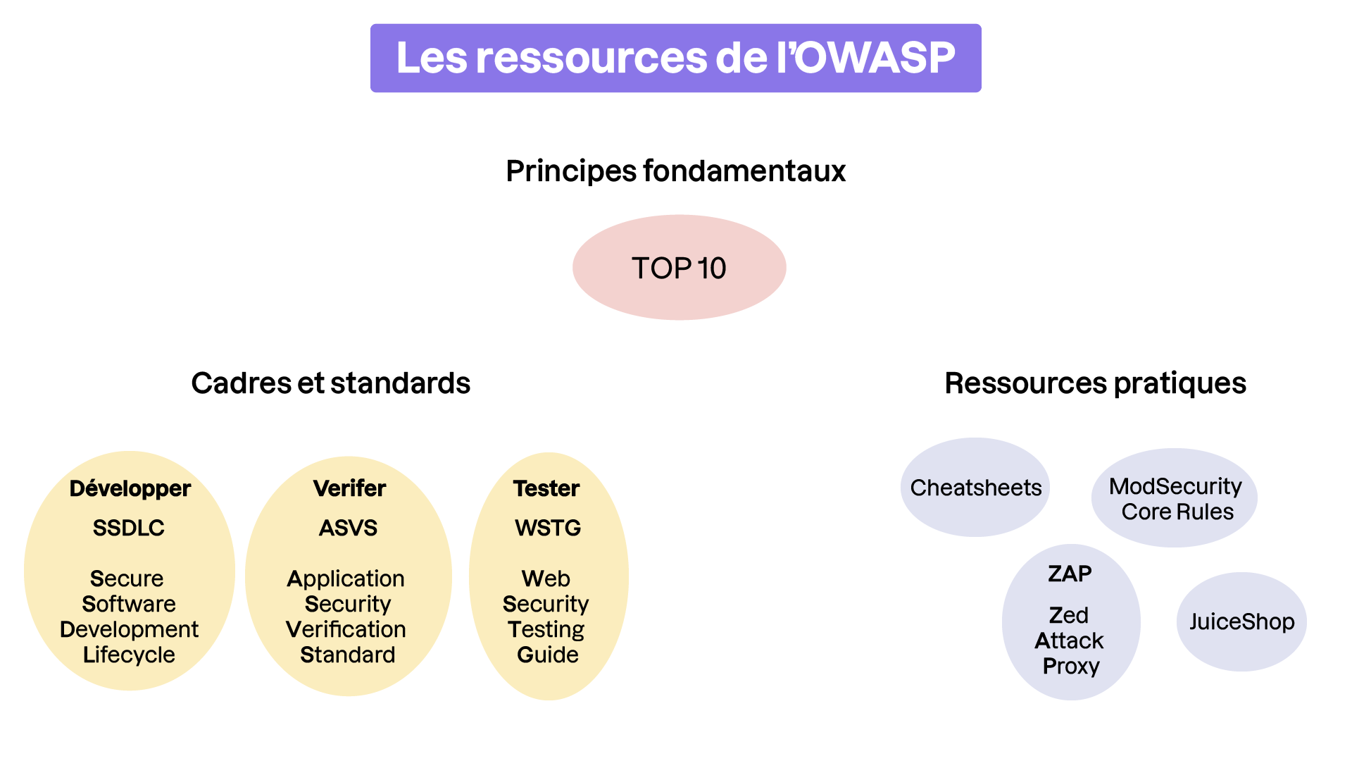 Schéma des ressources de l'OWASP : au centre, le principe fondamental TOP 10. À gauche, Cadres et standards avec Développer et SSDLC., Vérifier et  ASVS. Tester et WSTG. À droite, Ressources pratiques avec Cheatsheets, ModSecurity Core Rules, ZAP et