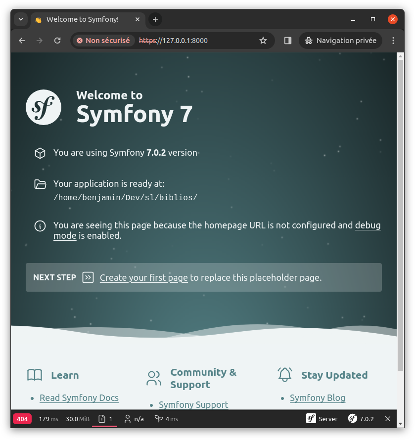 Page d'accueil de Symfony