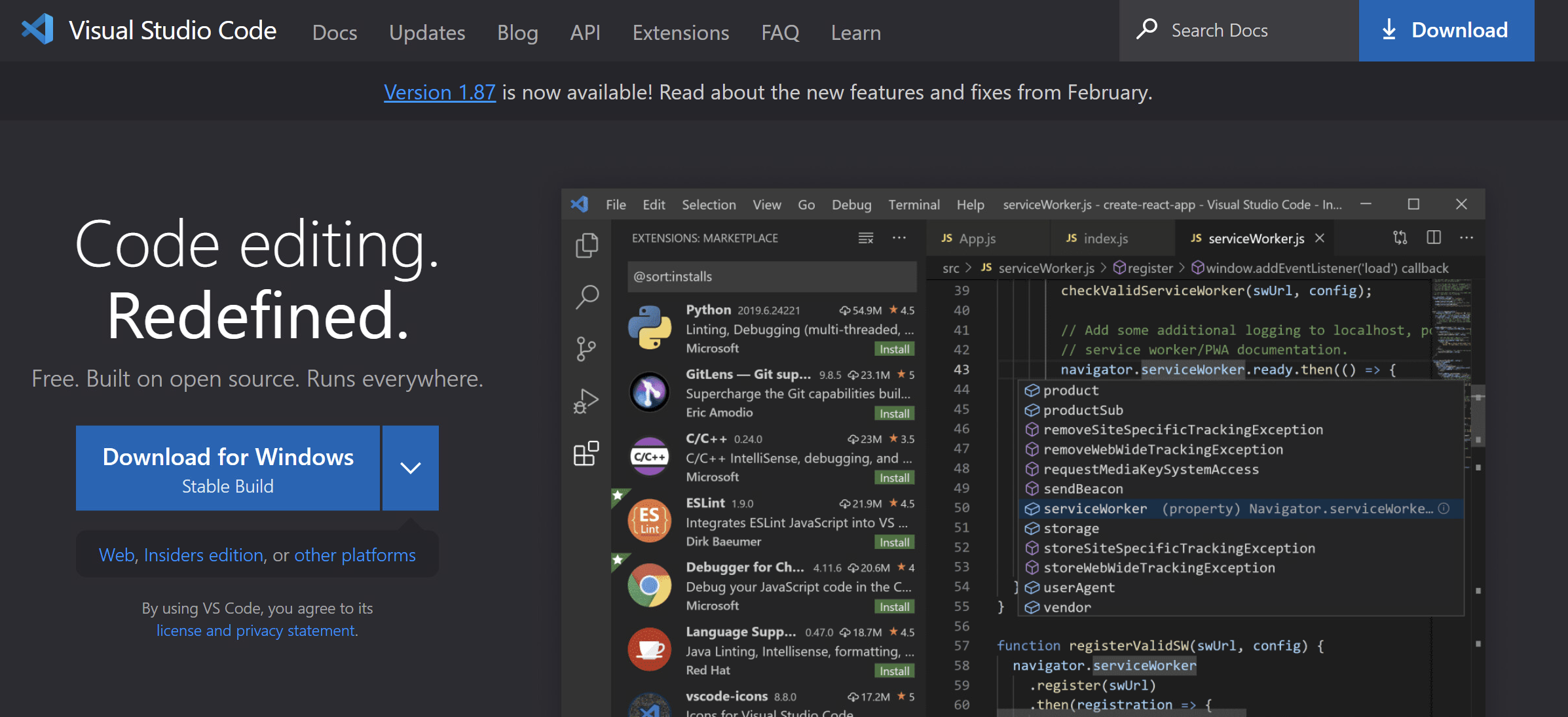 Screenshot showing the Visual Studio Code download page with download options for different operating systems.