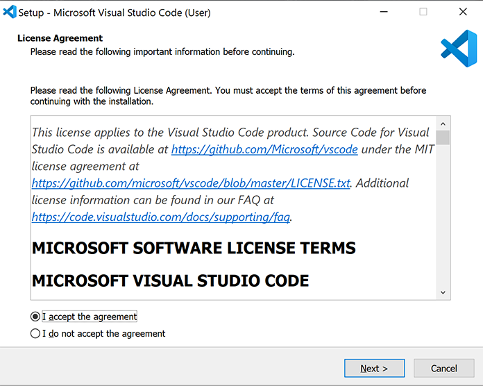 Screenshot showing how to accept the terms of the Visual Studio Code license agreement