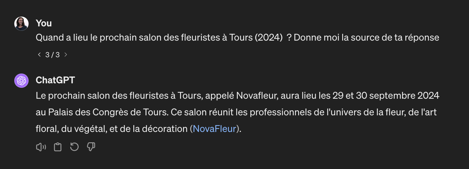 Impression d'écran d'un texte sur ChatGPT, où apparaît en bleu un lien cliquable vers le site de Novafleur