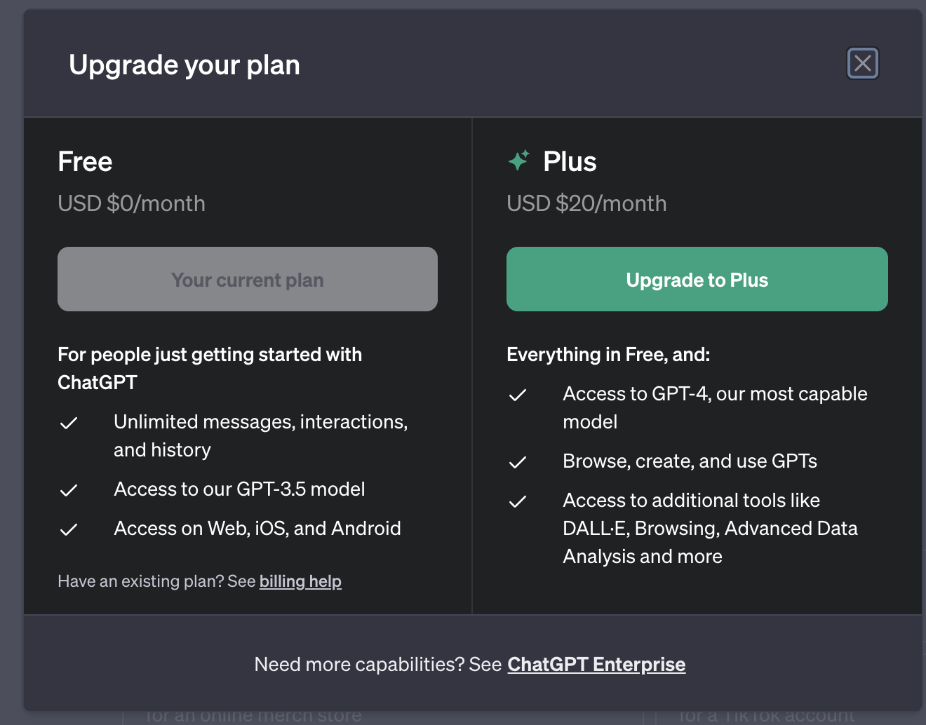 Screenshot showing ChatGPT Plus advantages compared to the free version