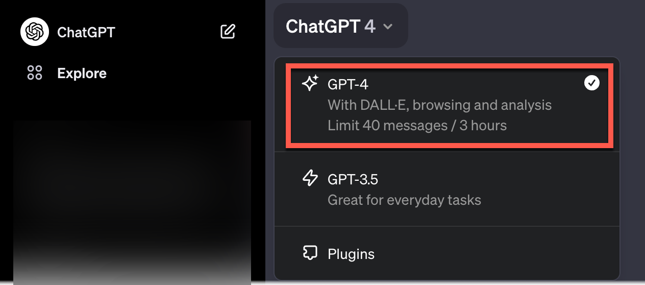 Screenshot of the ChatGPT interface, to activate GPT-4