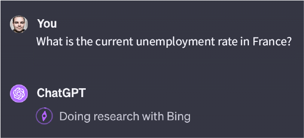 Screenshot of the ChatGPT interface with a Bing search launched in the background