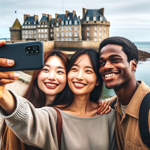 People taking a selfie in front of a castle