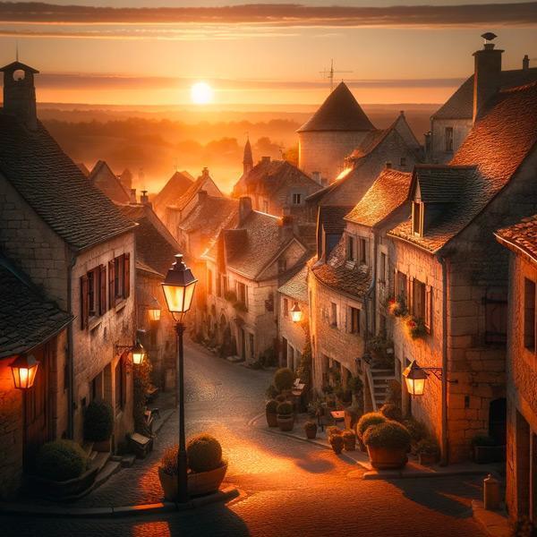 A village at night with mist