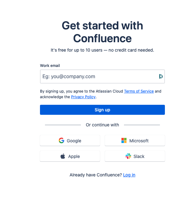 A screenshot of the sign-up process for getting started with Confluence