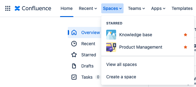 a screenshot showing that you can create work spaces in the Overview section which offers to View all spaces or to Create a space.