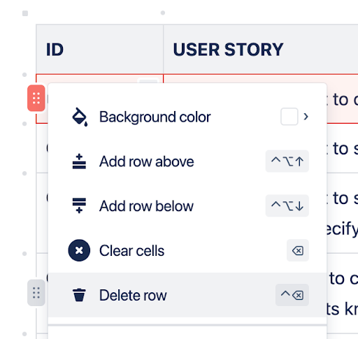 We see the options of adding a row above or below, clearing cells and deleting rows.