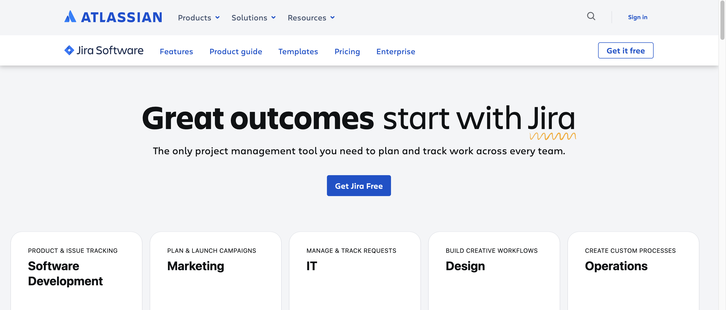 A screenshot of the Jira homepage, inviting you to get Jira for free.