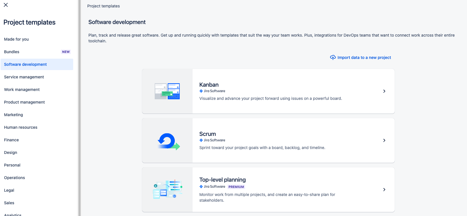 From the software development page, choose the Scrum template to create your first project. We also see the possiblity to choose Kanban or top level planning.