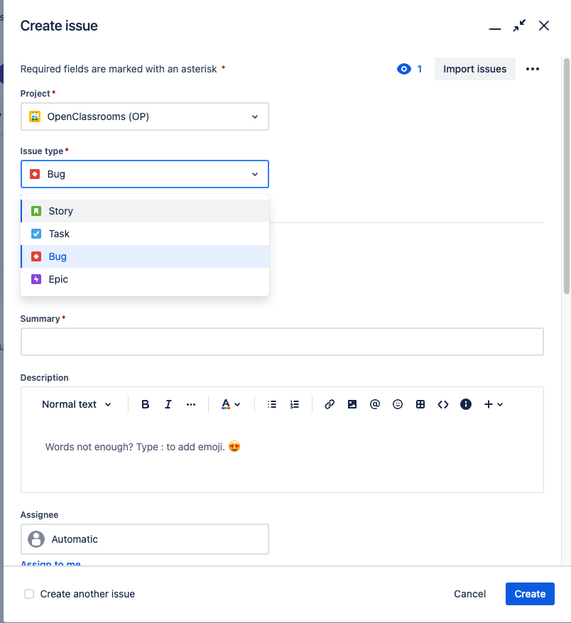 The pop-up enables you to define an issue type, such as bug, story, task, epic. and then add a short summary and a more complete description in the dedicated fields. The issue can then be assigned to someone automatically or manually.