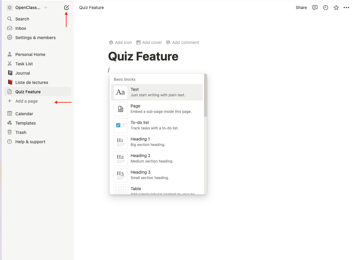 You will see the title of your Notion page, saying Quiz Feature , in the vertical menu on the left.