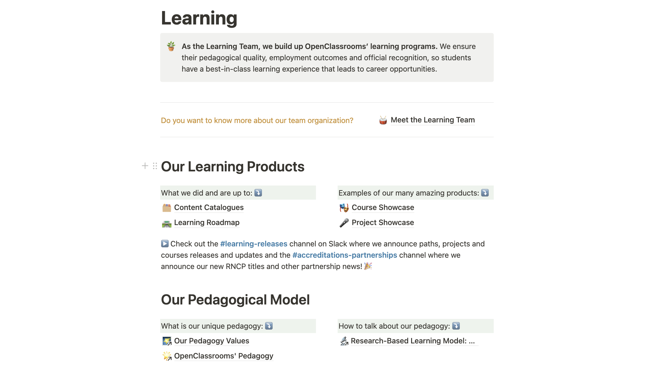 A notion page, with the presentation of the Learning team (As the Learning Team, we build up OpenClassrooms’ learning programs. We ensure their pedagogical quality, employment outcomes and official recognition, so students have a best-in-class learning